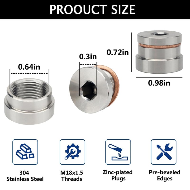 joytrace M18x1.5 Oxygen Sensor Weld Bungs & Plugs Kit (5 Bungs/5 Plugs) - Stainless Steel Welding Adapters - Image 4